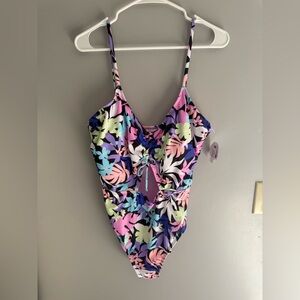 Decree Women’s Floral Cut Out Full Coverage Adjustable One Piece Swimsuit SZ XL
